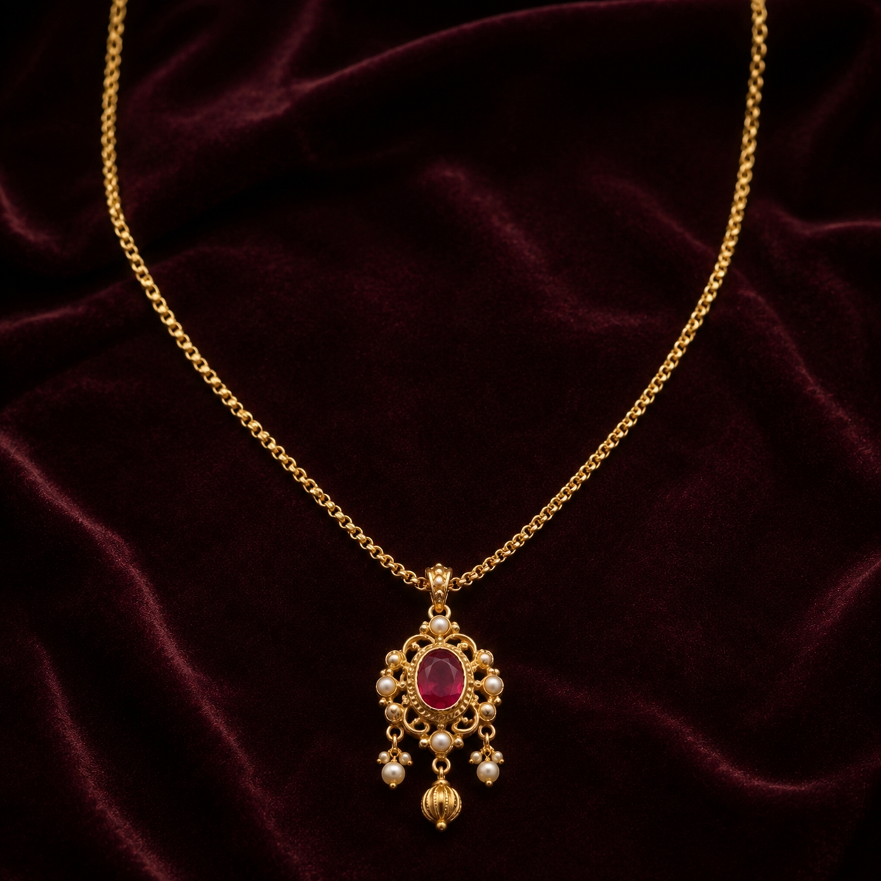 Royal Ruby Pearl Pendant Gold Chain Necklace