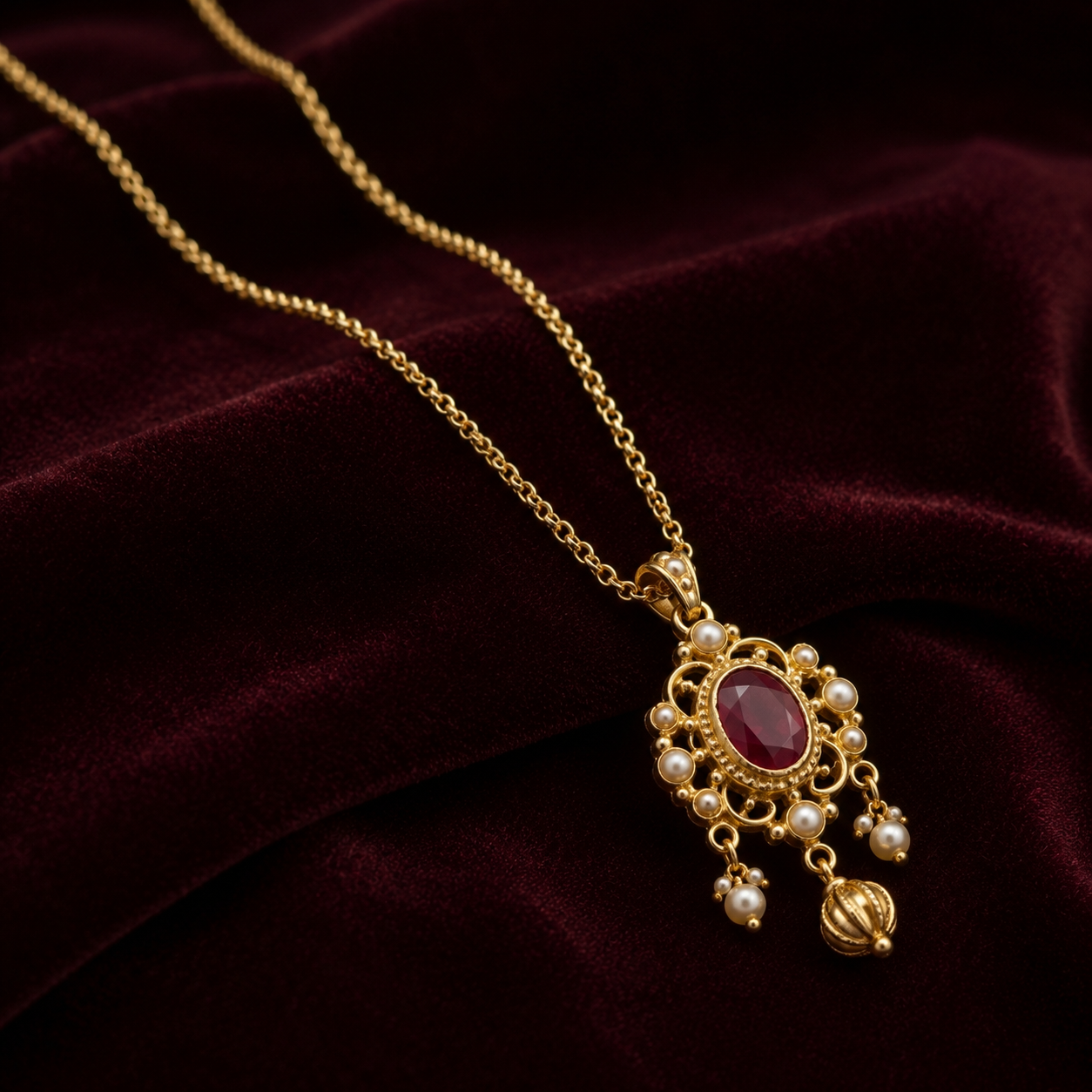 Royal Ruby Pearl Pendant Gold Chain Necklace