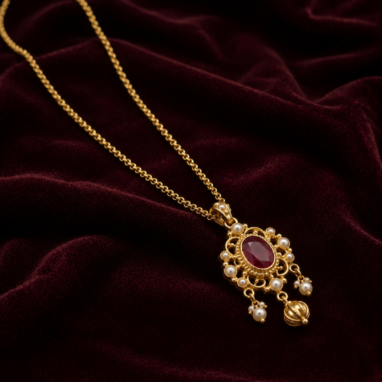 Royal Ruby Pearl Pendant Gold Chain Necklace
