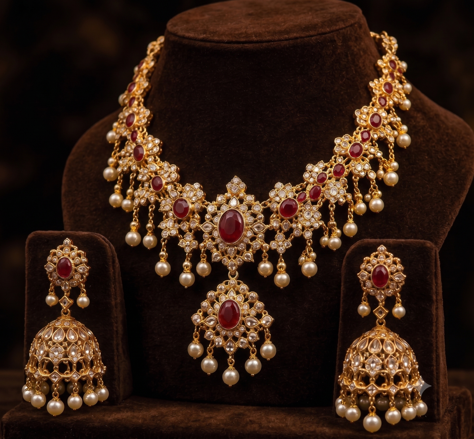 Royal Ruby Pearl Bridal Necklace Set