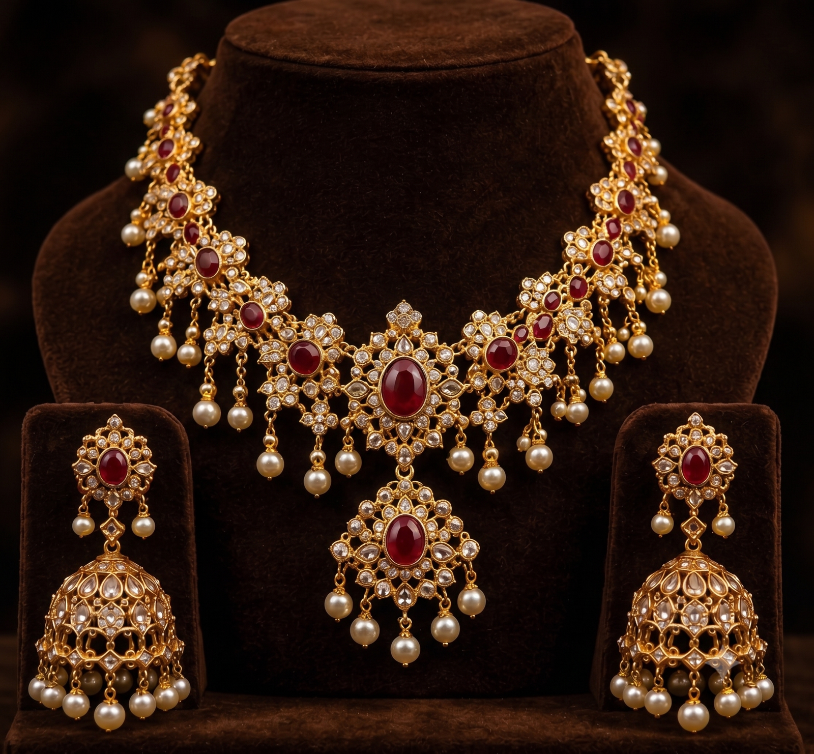Royal Ruby Pearl Bridal Necklace Set